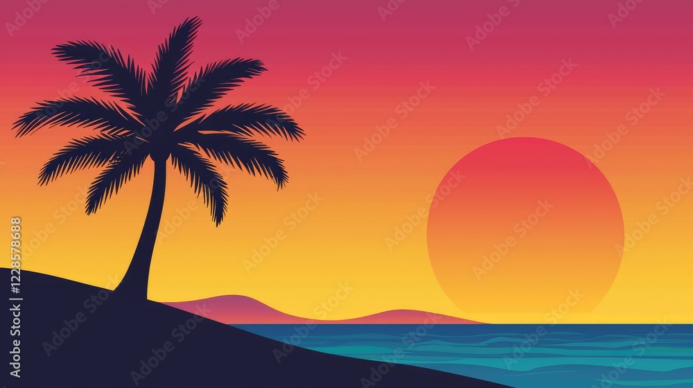Serene Sunset with Palm Tree Silhouette over Colorful Horizon Serene Sunset with Palm Tree Silhouette over Colorful Horizon