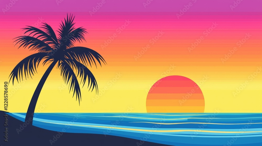 Naklejka premium Vibrant Sunset Over Calm Ocean with Silhouette of Palm Tree