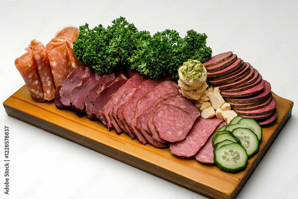 Fresh Meat and Cheese Platter Featuring Cured Meats, Vegetables, and Herbs on Wooden Board Fresh Meat and Cheese Platter Featuring Cured Meats, Vegetables, and Herbs on Wooden Board