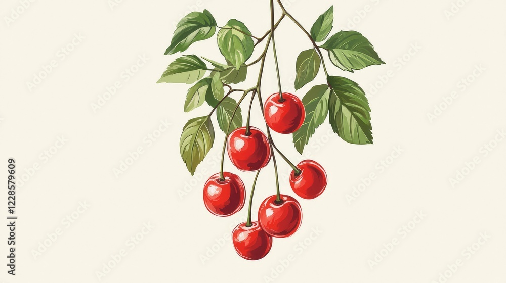 Obraz premium Fresh Red Cherries with Green Leaves on a Cream Background
