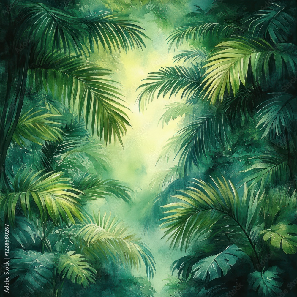 Tropical Jungle Print with Palm Trees Watercolor Seamless Pattern on White Background Tropical Jungle Print with Palm Trees Watercolor Seamless Pattern on White Background