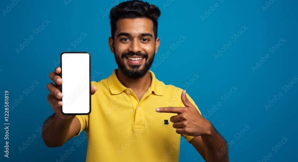Indian asian Bearded Man Displaying Smartphone with Empty Screen, Blue Background
Indian asian Bearded Man Displaying Smartphone with Empty Screen, Blue Background