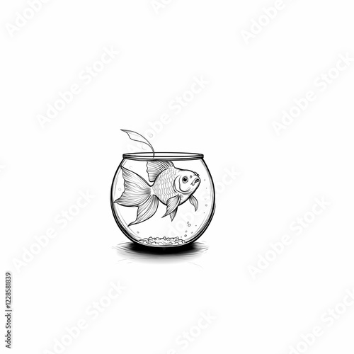 A whimsical illustration of a goldfish swimming happily in a round fishbowl. photo