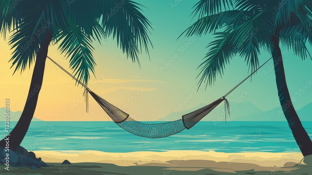Fototapeta premium Tranquil Beach Scene with Hammock and Palm Trees at Sunrise