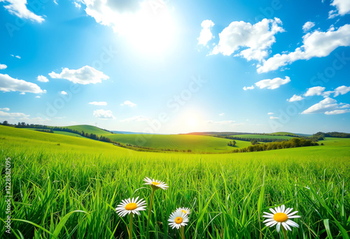 Serene Summer Meadow Under a Bright Blue Sky photo