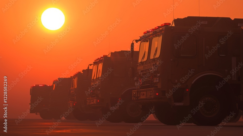 Fototapeta premium Hazy Orange Sun Reflecting on Fire Trucks at Sunrise