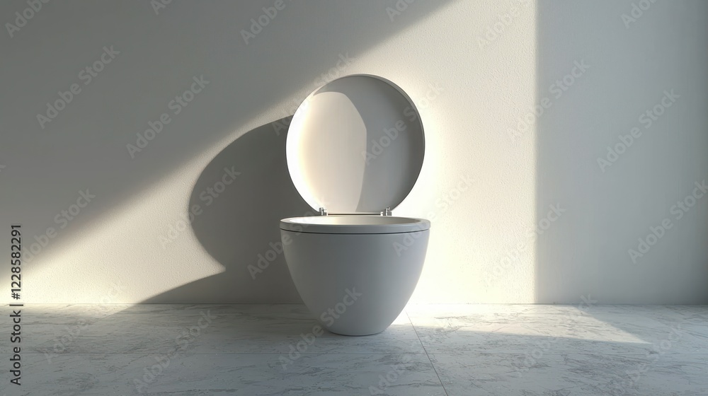 Open toilet in sunlit minimalist bathroom with marble floor Open toilet in sunlit minimalist bathroom with marble floor