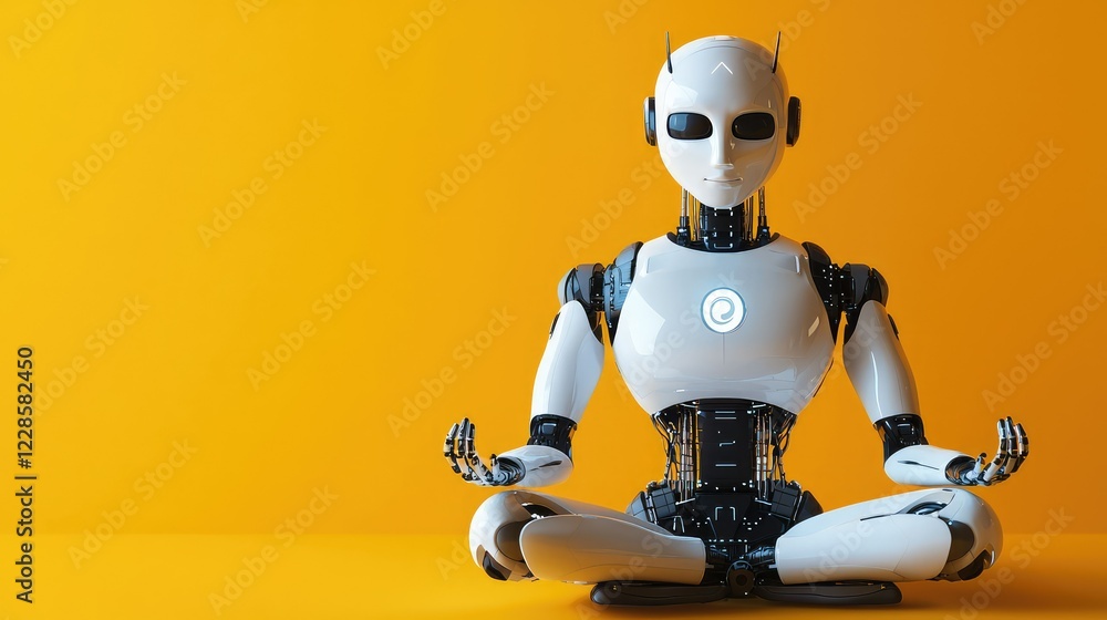 Naklejka premium Futuristic Robot in Meditation Pose Against Bright Yellow Background