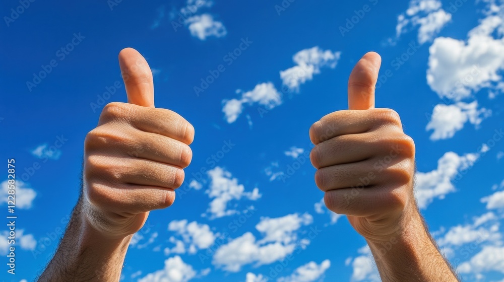 Two Hands Giving Thumbs Up Gesture Against Clear Blue Sky Two Hands Giving Thumbs Up Gesture Against Clear Blue Sky