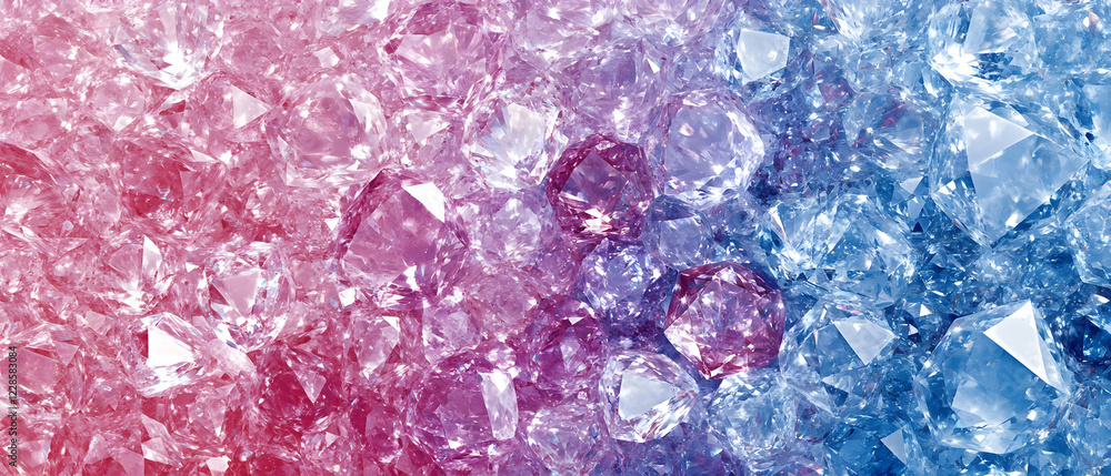 Fototapeta premium Pink-blue crystals pile, background blur, design
