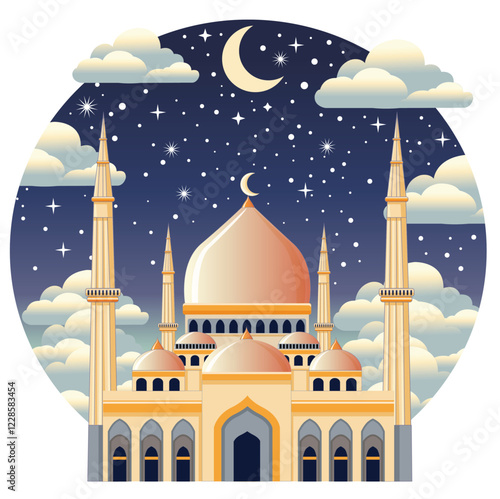 Mosque at night with stars and moon in the sky