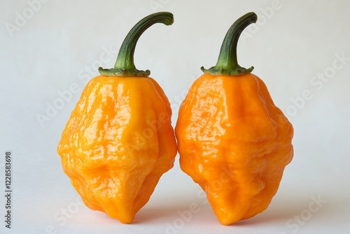 Two ripe, orange scotch bonnet peppers. photo