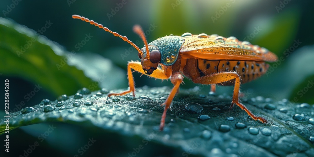 Naklejka premium Vibrant Insect on Dew-Kissed Leaf: A Macro Photography Masterpiece