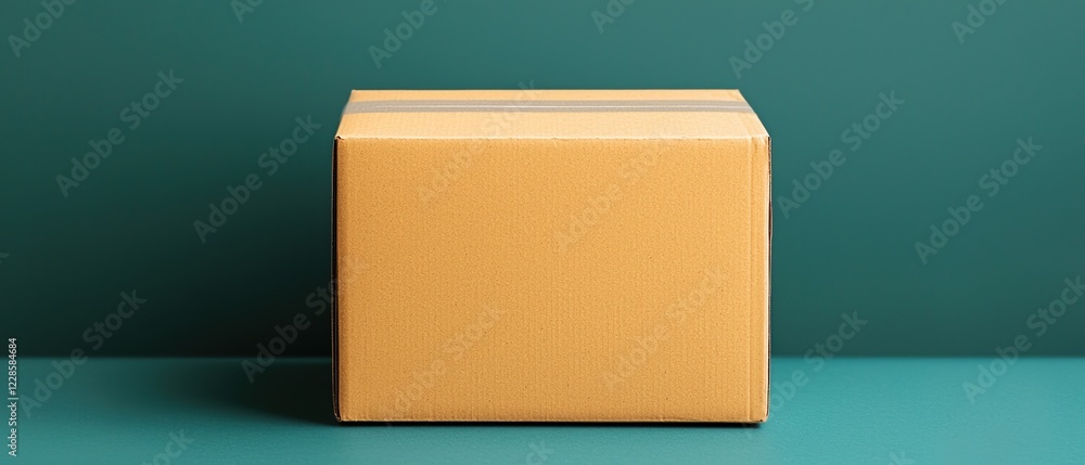 Obraz premium Supply Chain Optimization Concepts. Brown cardboard box on a teal surface against a green background.