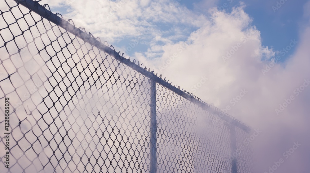 Fototapeta premium Torn Chain Link Fence Near Industrial Area with Smoky Atmosphere