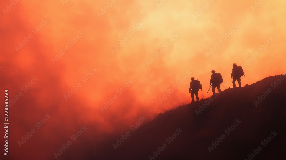 Fototapeta premium Firefighter Silhouette against Dramatic Orange Sky at Ridgeline