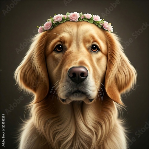  portrait of a golden retriever wearing a tiny flower crown, gazing adoringly at the camera. golden retriever, dog, pet, love, portrait, flower crown, cute, adorable, happy, canine, animal, best frien photo