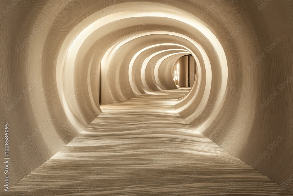 Obraz premium Circular hallway with soft lighting and textured walls. Ideal for architecture, design, and luxury hotel concepts.