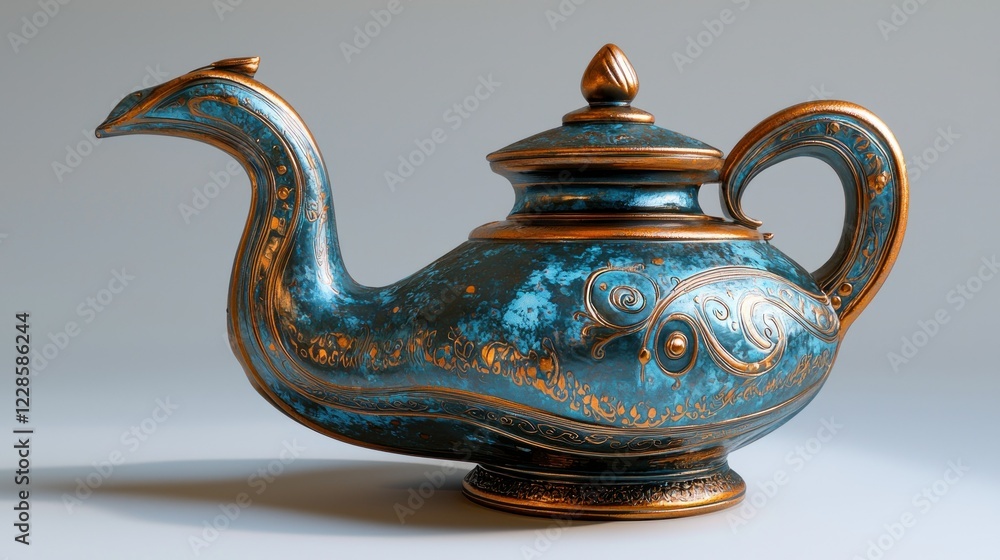 Fototapeta premium Ornate teapot with bird spout on gray studio backdrop for product or design