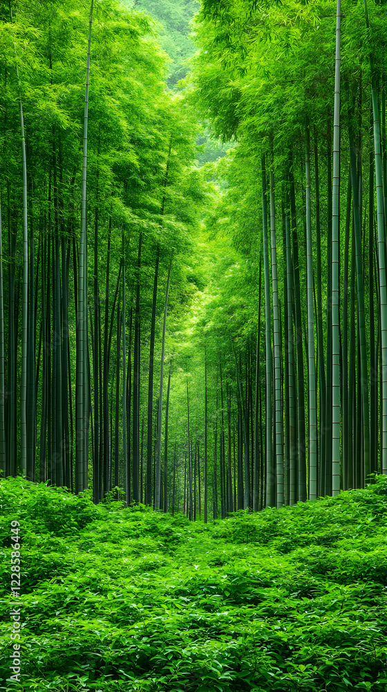 Fototapeta premium Lush green bamboo forest path, serene nature