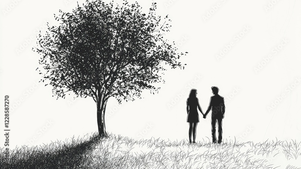 Couple Holding Hands Under a Tree in Minimalist Black and White Couple Holding Hands Under a Tree in Minimalist Black and White