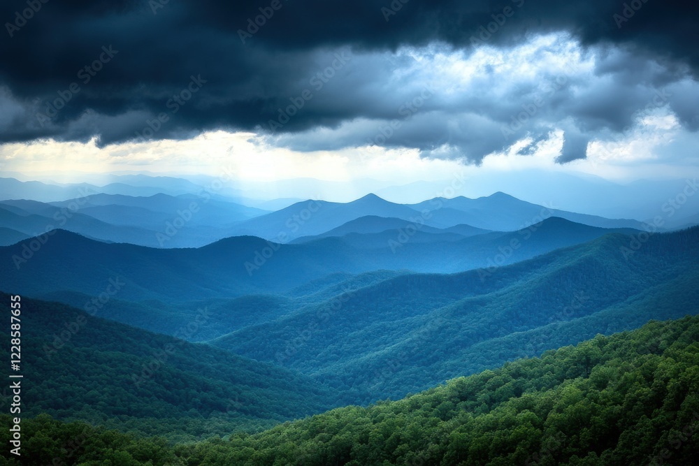 Fototapeta premium Mountain peaks through clouds with layered composition composition and dramatic storm lighting