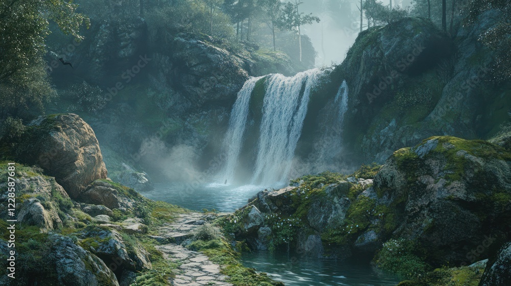 Misty waterfall cascade in forest, mossy rocks, path, nature background; game, film Misty waterfall cascade in forest, mossy rocks, path, nature background; game, film