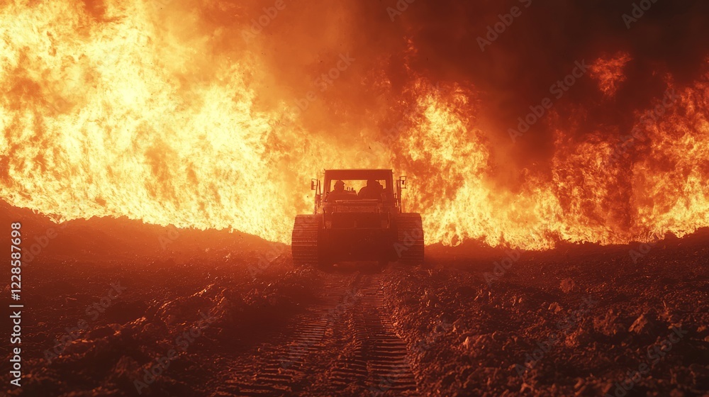 Fototapeta premium Intense Fire and Earthmoving Machinery at Sunset Scene