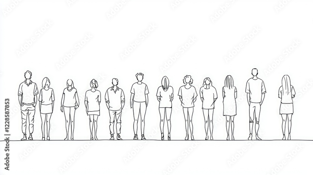 Diverse Group of People Standing in Line Outline Illustration Diverse Group of People Standing in Line Outline Illustration