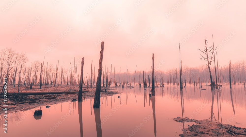 Eerie Hush in Burned Wetlands at Dusk Under a Pink Sky Eerie Hush in Burned Wetlands at Dusk Under a Pink Sky