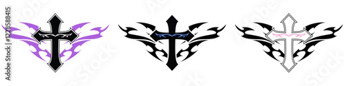 Christ cross with Neo tribal y2k gothic style tattoo Cyber sigilism spikes and sparks for streetwear print designs, spiky y2k aesthetic vector set