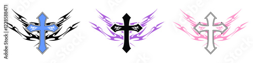 Christ cross with Neo tribal y2k gothic style tattoo Cyber sigilism spikes and sparks for streetwear print designs, spiky y2k aesthetic vector set