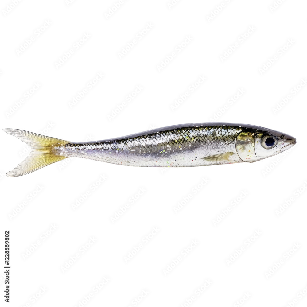 A silver fish with a streamlined body and a yellowish tail, often found in aquatic environments. A silver fish with a streamlined body and a yellowish tail, often found in aquatic environments.
