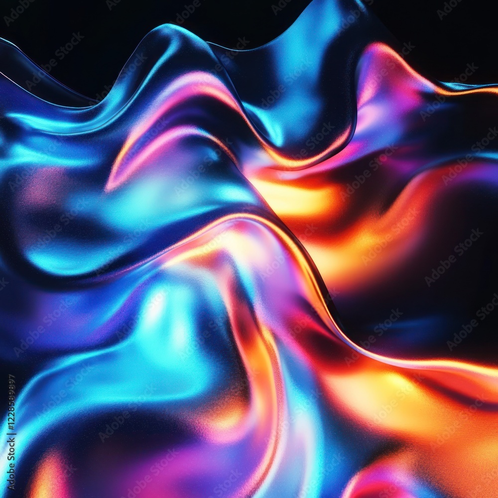 Fototapeta premium Abstract Iridescent Fluid Waves: A Symphony of Blue, Orange, and Pink Hues