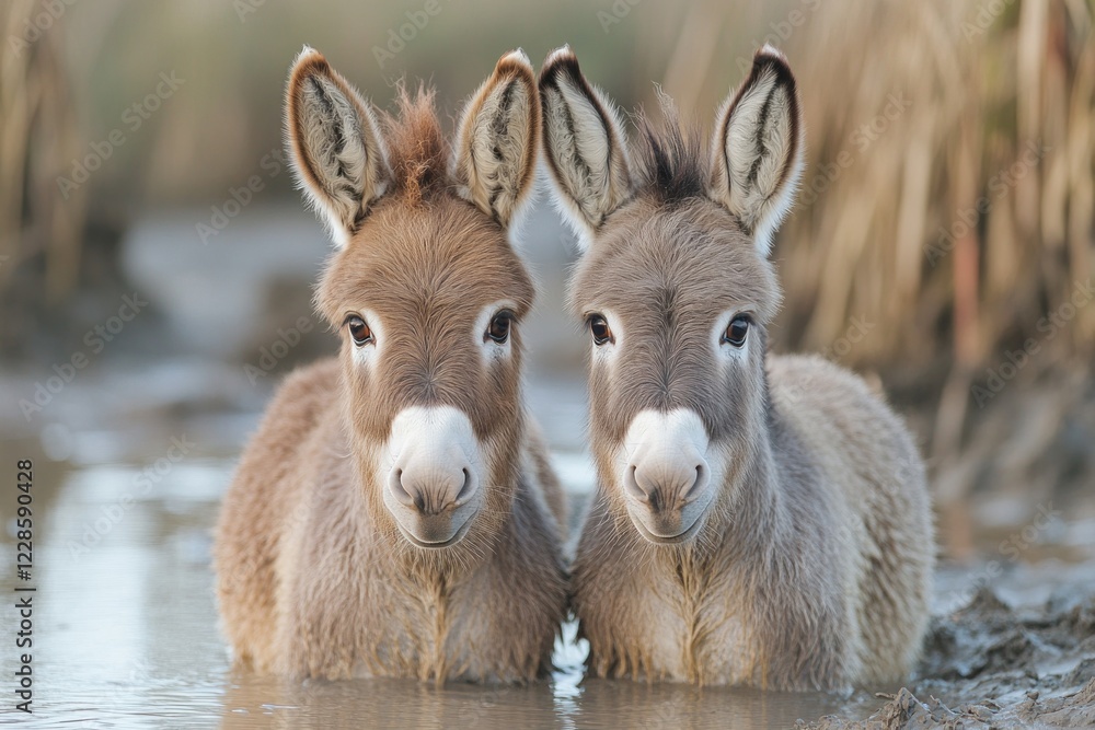 Fototapeta premium Two Cute Mediterranean Mini Donkeys at Duck Pond on Texas Farm in Winter