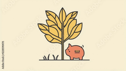 Cute Piggy Bank with Yellow Tree and Grass on Light Background
