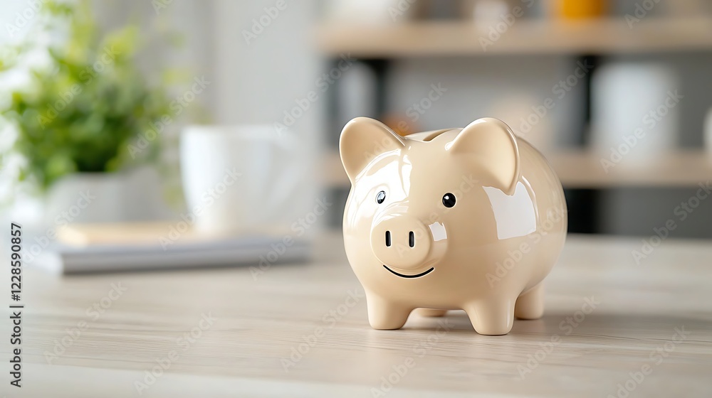 Piggy bank on desk, saving money, home office background, financial planning Piggy bank on desk, saving money, home office background, financial planning
