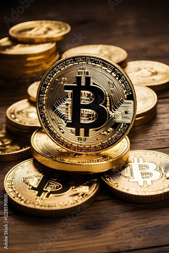 Golden Bitcoins on Wood