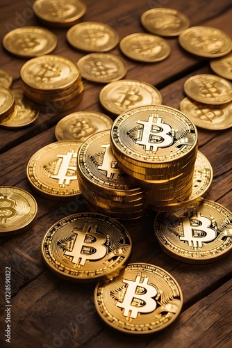 Golden Bitcoins on Wood