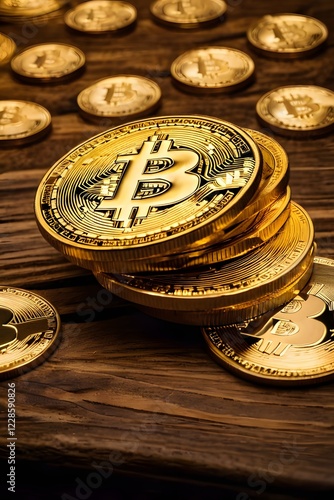 Golden Bitcoins on Wood