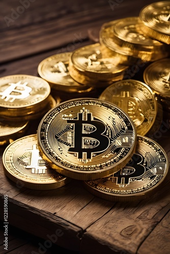 Golden Bitcoins on Wood