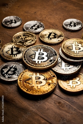 Golden Bitcoins on Wood