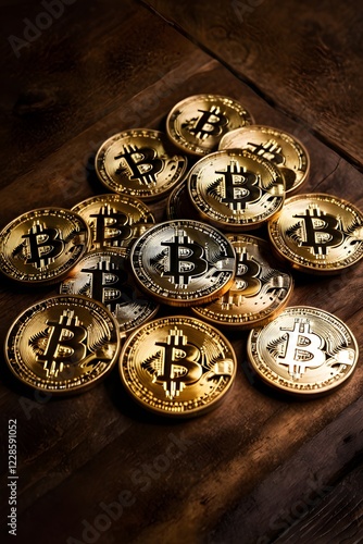 Golden Bitcoins on Wood