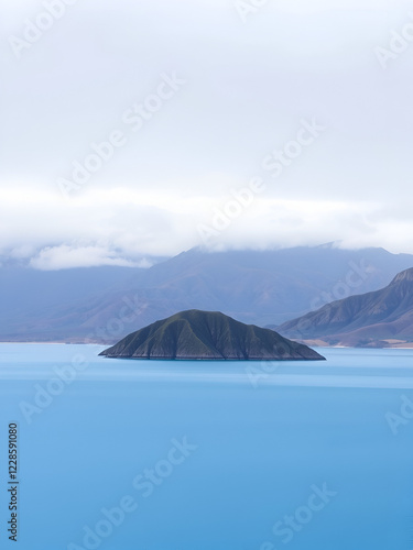 Landscape with fog and mountains making layers that protrude from the water of the blue lake, Atazar, Madrid. photo