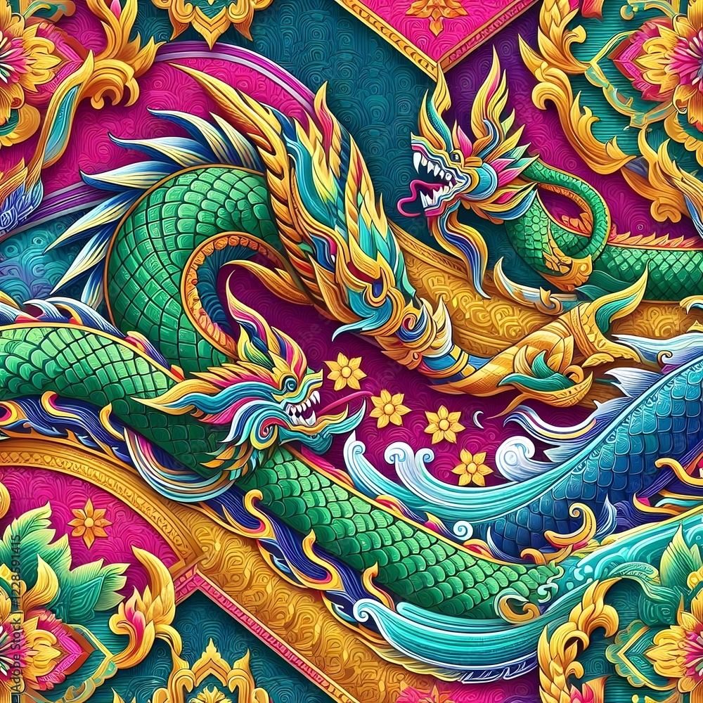 custom made wallpaper toronto digitalThai Dragon Naga – Majestic Serpent in Vibrant Colors