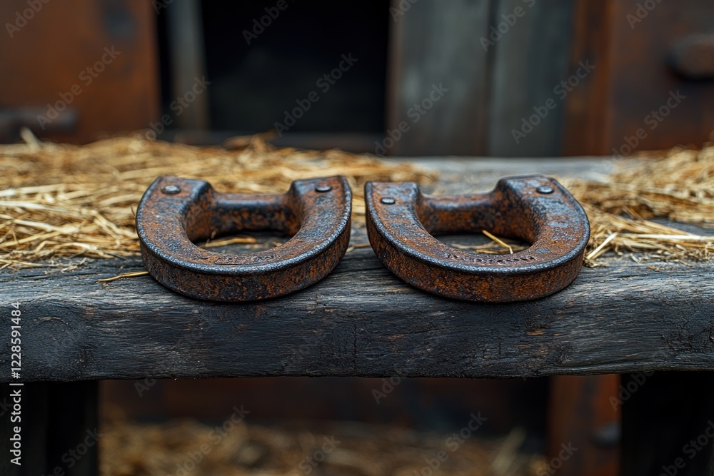 Rusty Horseshoes on Wooden Table with Straw in Rustic Still Life Rusty Horseshoes on Wooden Table with Straw in Rustic Still Life