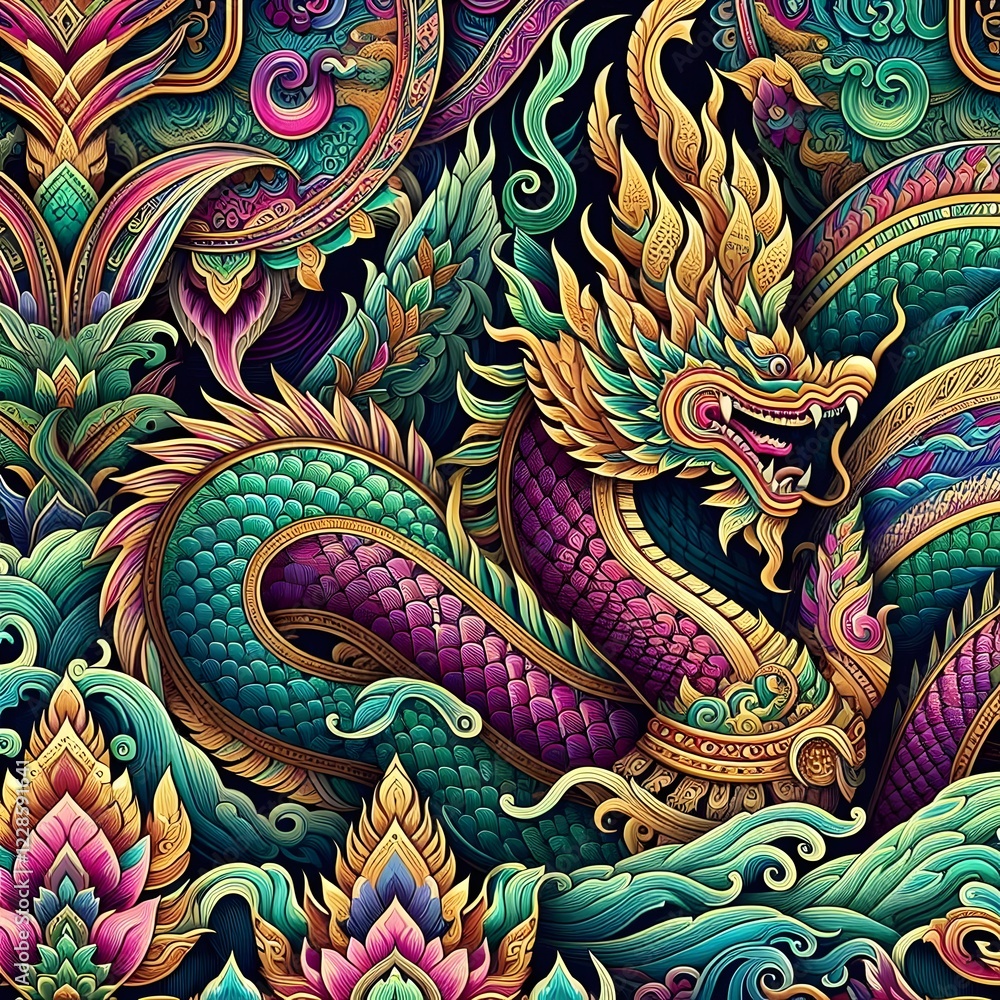 Fototapeta premium Thai Dragon Naga – Majestic Serpent in Vibrant Colors