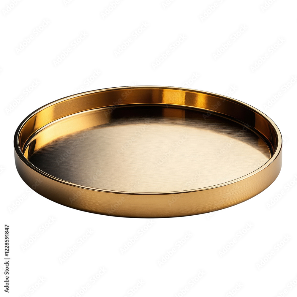 A shiny, round golden tray designed for serving or displaying items. A shiny, round golden tray designed for serving or displaying items.