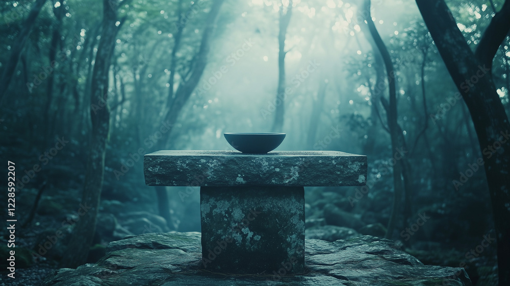 Ancient stone altar in misty forest with ceremonial bowl, symbolizing ancient rituals and spiritual connection to nature, evoking mystery and historical traditions. Ancient stone altar in misty forest with ceremonial bowl, symbolizing ancient rituals and spiritual connection to nature, evoking mystery and historical traditions.