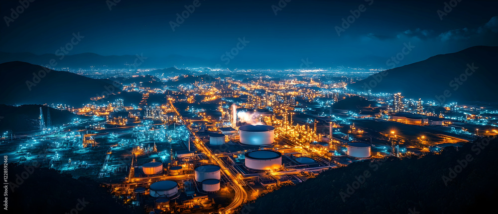 Fototapeta premium Night refinery, mountain valley, energy production